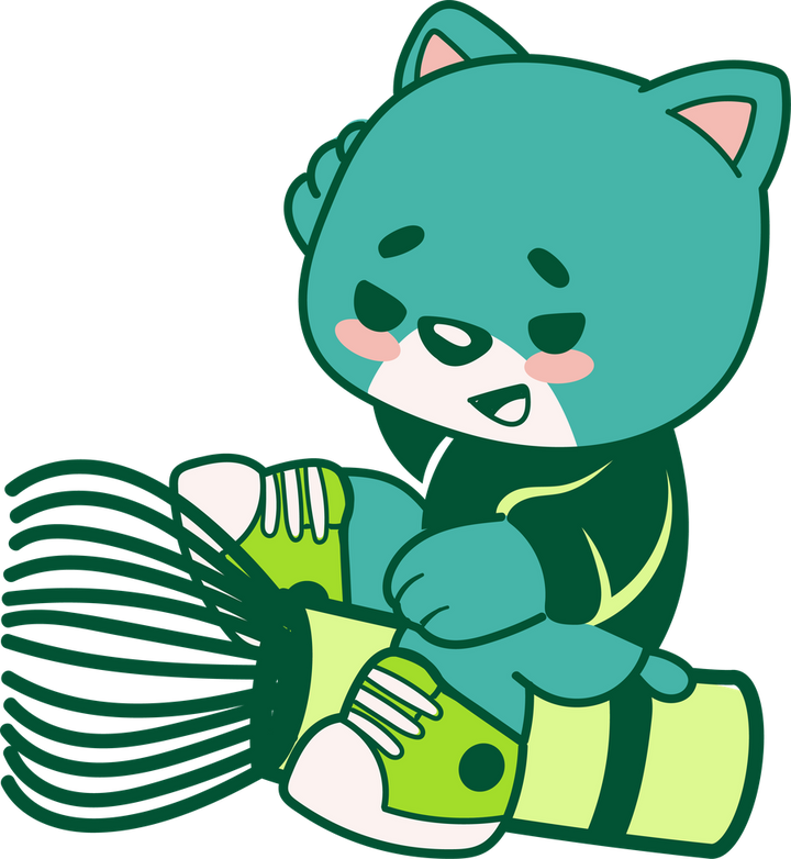 Yoviki cat mascot with a bamboo whisk
